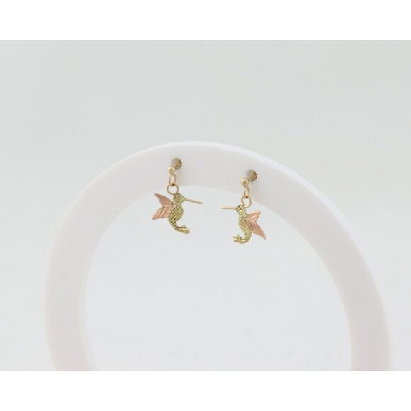 10k Yellow Gold Black Hills Gold Hummingbird Earrings Dangle Drop 1/2" x 3/8" - Picture 6 of 7